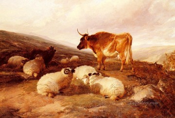  farm Painting - Rams And A Bull In A Highland Landscape farm animals cattle Thomas Sidney Cooper